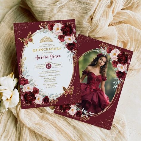 $2.09 | Burgundy Gold Quinceañera Flowers Butterfly Photo - 15th birthday party, quinceañera, mexican latina mis quince anos, elegant floral roses garden flowers, crown princess tiara, girly chic classy trendy modern, burgundy blush gold, moody dark red butterflies, mis quince 15 anos, sweet sixteen 16 photo Burgundy Quinceanera Theme, Quinceanera Flowers, Red Quinceanera Ideas, Quince Themes, Red Quince, Butterfly Photo, Quince Invitations, Butterfly Invitations, Quinceanera Planning