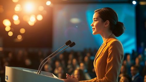 Speaker On Stage, Stage Reference, Female Speaker, Giving Speech, Stage Speaker, Business Conference, Free Business Card Mockup, Flyer Maker, Business Card Maker