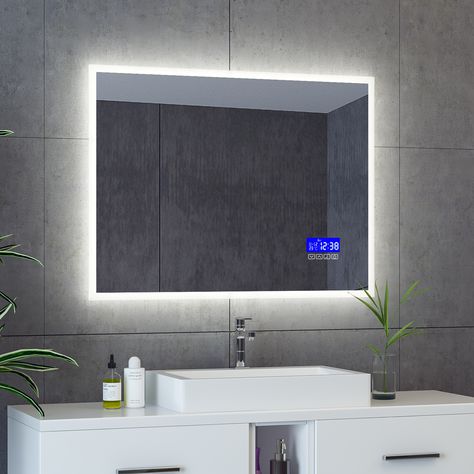 Introducing the stylish Ultra LED Mirror, which is a new addition to the SS23 bathroom range. This sleek and stylish smart mirror features Bluetooth speakers, dual light mode, shaver socket, digital display and demister pad. This item will be available from July 2023. #EasyBathrooms #Bathroom #BathroomDesign #BathroomInteriors #HomeInspo #BathroomDecor #bathroominspo #Bathroomdecor #homeinspo #interiordesign #Bathroomstyle #bathroomaccessories #bathroommirror #mirrors Bathroom Mirror With Bluetooth, Vanity Mirror With Lights And Bluetooth, Smart Led Bathroom Mirror, Bathroom Mirror Led, Bluetooth Mirror, Led Bathroom Mirror Black, Mirror Upgrade, Mirror Led, Designer Bathroom