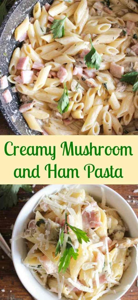 Creamy Mushroom and Ham Pasta, a deliciousy, easy, creamy, pasta dish, Italian style, ready in 20 minutes. A new family favorite. Spam And Pasta Recipes, Spam Meals, Ham And Mushroom Pasta, Ham Pasta Recipes, Wife Cooking, Pasta Lasagna, Fun Pasta, Ham Pasta, Spam Recipes