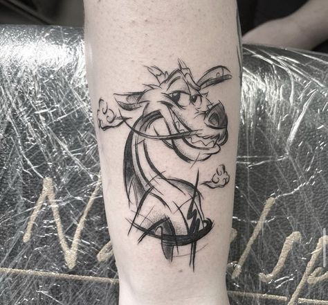 Mooshu Mulan Tattoo, Mushu Mulan Tattoo, Mushu Tattoo, Mulan Tattoo, Minimalistic Tattoo, Mulan Mushu, Disney Sleeve, Tatoo Inspiration, Pencil Drawings For Beginners