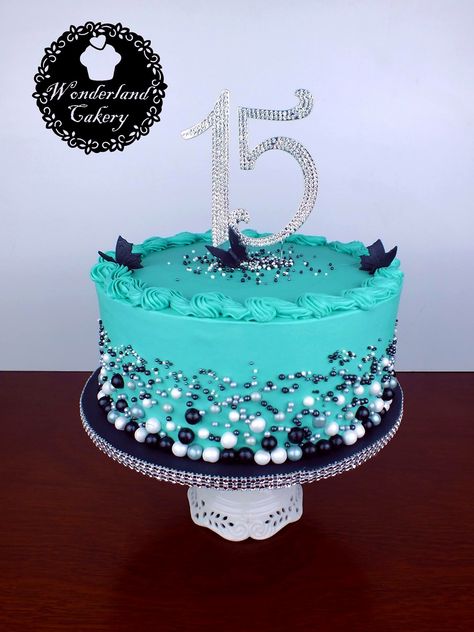 15th Birthday cake! #blue #turquoise #black #white #butterflies #buttercream #cake #quinceañera #wonderlandcakery Black And Blue Birthday Cake, Blue Birthday Cake For Girl, Turquoise Birthday Cake For Women, Teal Bday Cakes, Teal And Black Cake Birthday, Teal Colored Birthday Cakes, Turquoise Cake Birthday, Teal And White Birthday Cake, Teal Sweet 16 Cakes