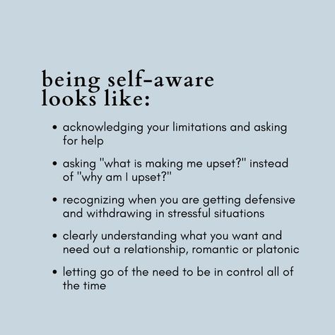 Self-awareness is the ability to recognize and process our internal thoughts and feelings and how they impact our external behaviors. Being self-aware is essential in living a purposeful life, managing your emotions and boosting your self-esteem. These are just some examples of what being self-aware looks like. Remember to take time to reflect on yourself and how you handle your emotions. Internal Thoughts, Voice Therapy, Mindfulness Journal Prompts, Mental Health Inspiration, Purposeful Life, Empowering Words, Therapy Counseling, Emotional Awareness, Get My Life Together