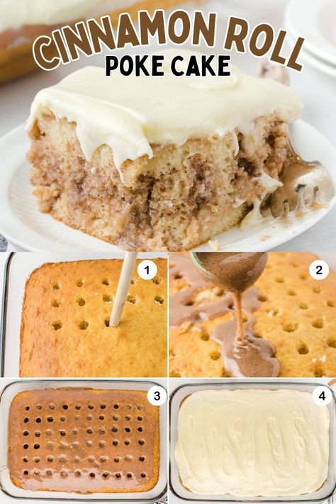 Cinnamon Roll Poke Cake starts with a box of cake mix and followed by a creamy cinnamon sugar filling and topped off with a delicious cream cheese frosting. This easy sheet cake will soon become a family favorite recipe! Maple Sheet Cake Recipe, Box Cake Mix Dump Cake, Easy Sheet Desserts, Quick Fun Desserts, Snicker Poke Cake, Easy Cinnamon Dessert Recipes, Dessert Bars Recipes Easy Cake Mixes, Thanksgiving Desserts Cinnamon, Snickerdoodle Poke Cake