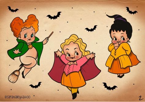 Tattoos by Sarah Lalley on Instagram: “It’s just a bunch of #hocuspocus 🎃 Halloween Flash sheet #2 Message me if your interested! . . . . . #hocuspocus #hocuspocustattoo…” Halloween Flash Sheet, Hocus Pocus Tattoo, Kewpie Tattoo, Kewpie Art, Halloween Flash, Sisters Tattoo, Flash Ideas, Flash Sheet, Spooky Tattoos