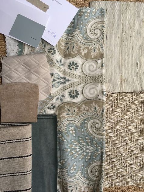 blue, gray, khaki fabric choices with sisal rug. Portfolio Latika in Seafoam. Trendy Apartment, Room Color Schemes, Fabric Combinations, Bedroom Color Schemes, Gray Bedroom, Safe Haven, Blue Bedroom, Sisal Rug, Living Room Colors