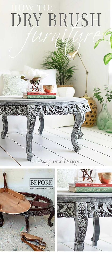 Dry Brushing Furniture - Salvaged Inspirations - https://salvagedinspirations.com/salvaged-old-coffee-table-makeover/ Old Coffee Table Makeover, Dry Brushing Furniture, Dry Brush Furniture, Rehab Furniture, How To Dry Brush, Salvaged Inspirations, Coffee Table Makeover, Old Coffee Tables, Painted Driftwood