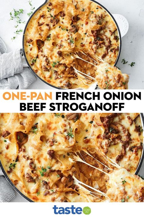 French Onion Beef, Mushroom Stroganoff, One Pan Dinner, Stroganoff Recipe, Easy Cheesy, Beef Stroganoff, Recipe Roundup, One Pan, French Onion