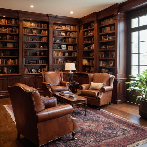 ⚠️LINK IN BIO⚠️ A sophisticated classic-style home library with floor-to-ceiling bookshelves, rich wooden hues, and a comfortable leather armchair. #HomeLibrary #ClassicStyle #Bookshelves #Wood #LeatherArmchair Dark Wood Bookshelves, Classic Home Library, Bookshelves Wood, Bookshelves Aesthetic, Theater Room Decor, Floor To Ceiling Bookshelves, Rolling Ladder, Library Aesthetic, Wood Bookshelves