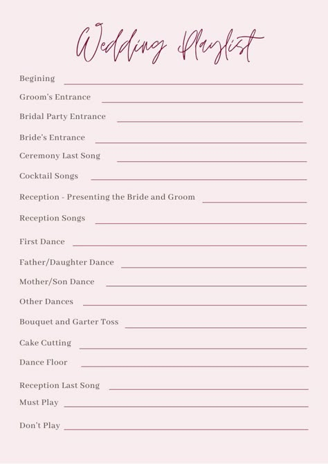 List Of Wedding Jobs For People, Wedding Songs Checklist, Wedding Planning Template Free Printable, Wedding Party List People, List Of Wedding Decor Needed, Wedding Song List Checklist, Wedding Organization Board, Wedding To Do, Wedding Song Checklist