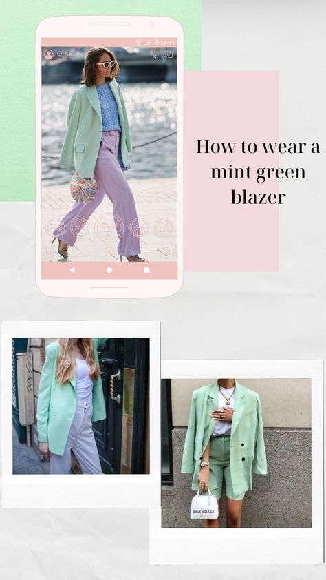 Pastel Pink Jacket, Mint Green Blazer, Mint Green Pants, University Outfits, University Outfit, White Look, Green Blazer, Green Pants, Pink Jacket