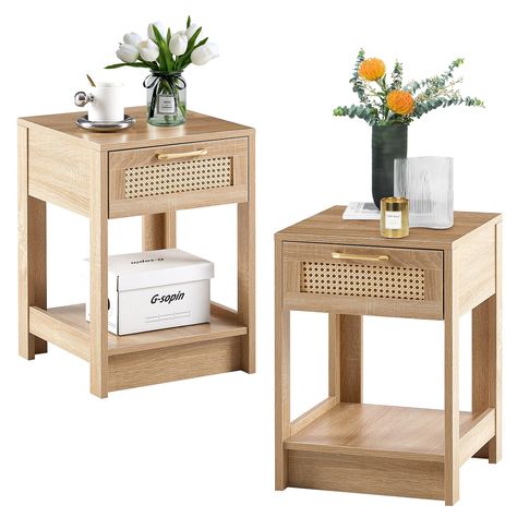 PRICES MAY VARY. Combination of Classic and Modern - Match your decor to this retro-style nightstand that brings a natural beauty to your interior space. The rattan-decorated drawer combines aesthetic beauty with great practicality. It adopts natural rattan with handmade weaving technology, the natural rattan not only has the effect of absorbing moisture and heat but also delivers a perfect visual effect, adding charming to your home. Large Storage Space - The end table is small but offers plent Table Night Stands, Shelf Bed, Rattan Decor, Bed Side Tables, Rattan Nightstand, Small Nightstand, Nightstand Decor, Style Nightstand, Nightstand Set Of 2