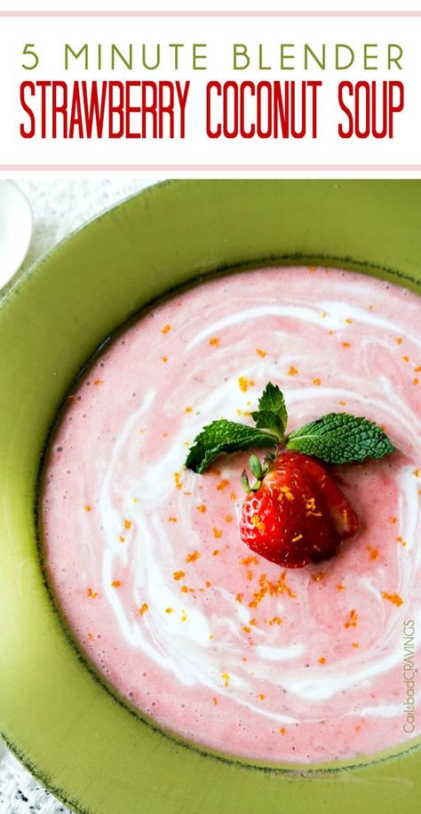 Chilled-Strawberry-Coconut-Soup–main Soup Toppings, Coconut Soup Recipes, Strawberry Soup, Cold Soup Recipes, Coconut Summer, Cold Soups, Fruit Soup, Chilled Soup, Summer Soup