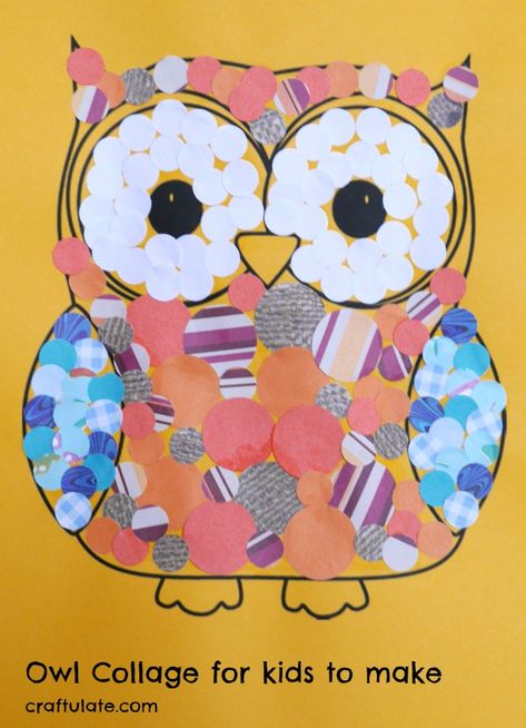 Owl Collage - a fun art project for kids to make with circle paper punches! Collage For Kids, Collage Art Ideas, Easy Collage, Bird Crafts Preschool, Owl Collage, Art Ideas For Kids, Adaptive Art, Work Planning, Kids Collage