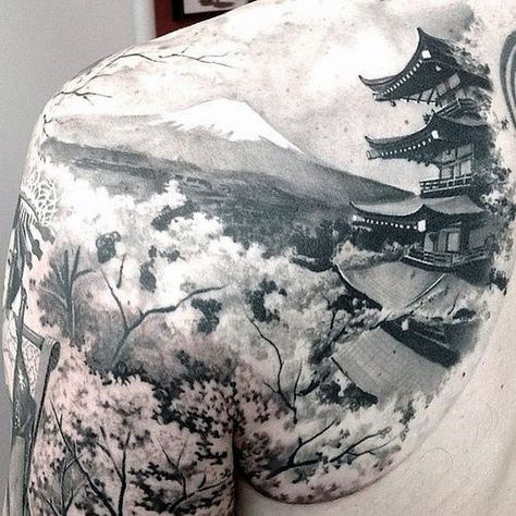 Mountain Tattoo Ideas For Men On Back Shoulder Japanese Temple Tattoo, Berg Tattoo, Temple Tattoo, Mountain Tattoo Design, Kunst Tattoos, Landscape Tattoo, Tattoo Zeichnungen, Japanese Temple, Sleeve Ideas