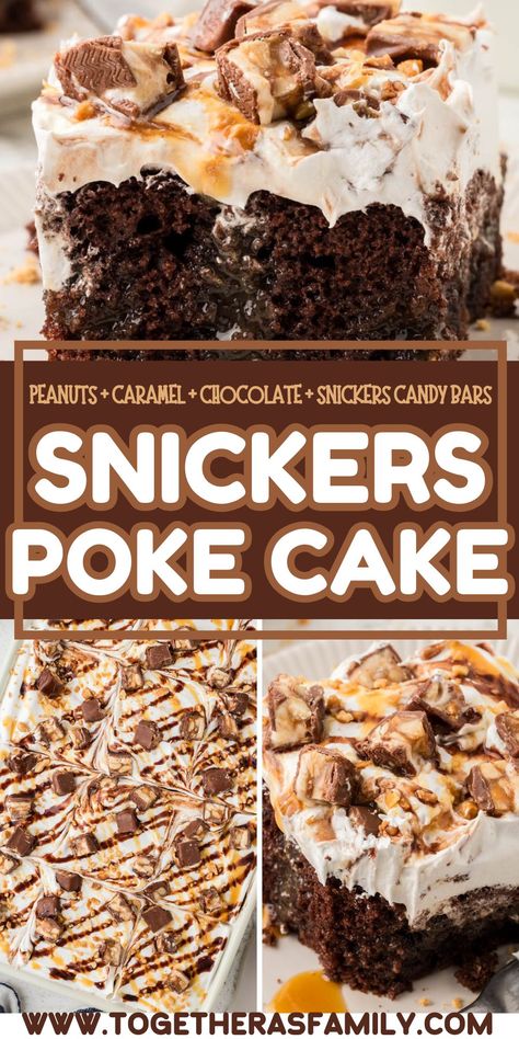 Snickers Poke Cake is one of the best easy candy bar cakes you'll ever make! This easy poke cake starts with a boxed chocolate cake mix, poked with holes filled with caramel sauce, whipped cream, chopped peanuts, chocolate sauce, and chunks of Snickers candy bars on top. Snickers Bar Cake, Reeses Poke Cake Recipe, Snicker Poke Cake, Chocolate Poke Cakes Recipes, Brownie Mix Dessert Recipes, Poke Chocolate Cake, Skor Poke Cake, Snicker Cake, Cakes With Pudding