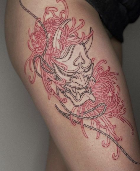 Japanese Tattoo Women Sleeve, Red Japanese Flower Tattoo, Asian Flowers Tattoo, Red Tattoo Thigh, Fine Line Japanese Tattoo, Red Japanese Tattoo, Japanese Sleeve Tattoos Women, Black And Red Tattoo Design, Oni Tattoos