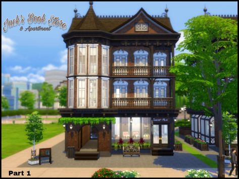 sparky's Jack's Bookstore & Apartment Sims 4 Bookstore, Sims Freeplay Houses, Sims 4 House Plans, Sims 4 House Building, Apartment Door, Sims 4 House Design, Casas The Sims 4, Sims Building, Sims House Design