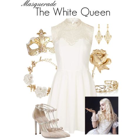 Masquerade: The White Queen by jivy44 on Polyvore featuring mode, Rare London, RenÃ© Caovilla, Susan Caplan Vintage, Oscar de la Renta and IaM by Ileana Makri Descendants Auradon, Slime Oc, White Queen Costume, Wonderland Clothes, Wonderland Characters, The White Queen, Light Wardrobe, Disney Inspired Fashion, Elegant Outfit Classy