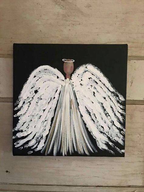 Angel Wing Painting Easy, Angel Painting Easy, Angel Painting Easy Canvases, Angel Acrylic Painting For Beginners, Angel Wing Canvas Painting, Wooden Ornaments Diy, Painted Angels Canvas, Christmas Art Projects, Texture Paint