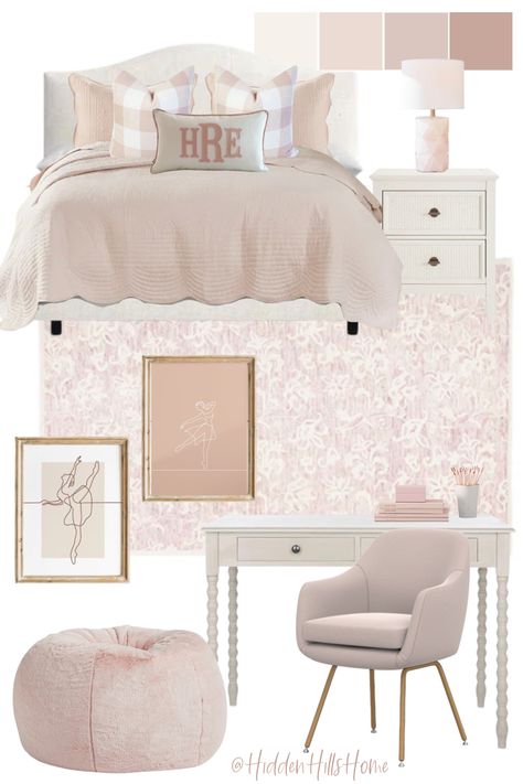 Cute girls bedroom decor mood board with blush pink tones! This girls room has a ballet theme and is perfect for a Tween girl Pink Bedroom Accessories, Pink Girls Bedroom Decor, Blush Pink Bedroom, Pink Bedroom For Girls, Big Girl Bedrooms, Teen Girl Room Decor, Teen Girl Room, Girl Bedroom Designs