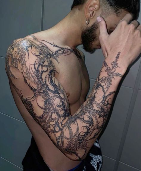 FULL SLEEVE TATTOO SIGILISM -  #Full #Sigilism #Sleeve #Tattoo Tattoo Sleeve Alternative, Guy Tattoos Sleeve, Cool Back Piece Tattoo, Dark Arm Sleeve Tattoos For Women, White Ink Black Skin, Cool Arm Sleeve Tattoos For Women, Back Tattoos Men's Full, Tattoo Ideas For Men Full Arm, Men Full Arm Tattoo