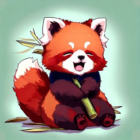 A Red Panda with Bamboo Red Panda Illustration Cute, Red Panda Sitting, Red Panda Cute Wallpaper, How To Draw Red Panda, Red Panda Character Design, Cute Red Panda Drawing, Red Panda Aesthetic, Pandas In Love, Red Panda Tattoo