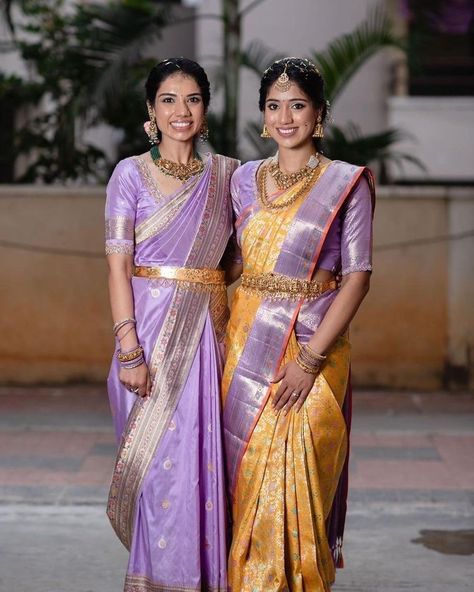 Lilac Saree Indian Weddings, Lilac Saree, Office Wear Women Work Outfits, Red Saree Wedding, Bridal Sarees South Indian, Indian Sari Dress, Traditional Blouse Designs, Lavender Silk, Indian Bride Outfits