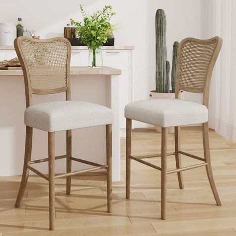 Naci Rubberwood Farmhouse Barstool with Cane Backrest (set of 2) by Christopher Knight Home - N/A - Bed Bath & Beyond - 41107586 French Country Bar Stools, Barstool Chairs, Island Chairs, Playroom Furniture, Christopher Knight, Outdoor Chaise Lounge, Counter Bar Stools, Christopher Knight Home, Kitchen Stools