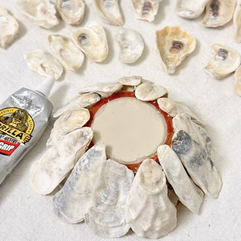 How To Make Oyster Shell Christmas Tree, Oyster Shell Candle, Oyster Shell Candle Holder, Oyster Shells Diy, Oyster Candle, Seashell Creations, Oyster Crafts, Oyster Shells Decor, Shell Centerpieces