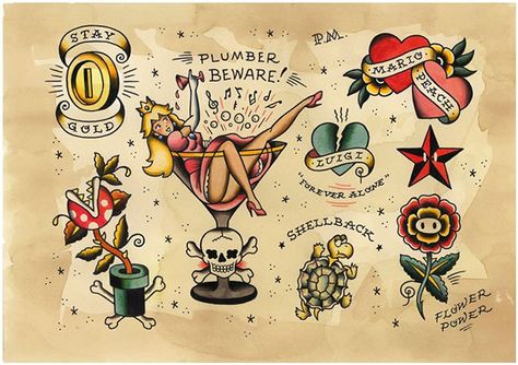 'Game Over' - Videogame Tattoo Flash by Phillip Marsden, via Behance Super Mario Tattoo, Nintendo Tattoo, Video Game Tattoos, Mario Tattoo, Gamer Tattoos, Video Game Tattoo, Tattoo Filler, Theme Tattoo, Traditional Flash