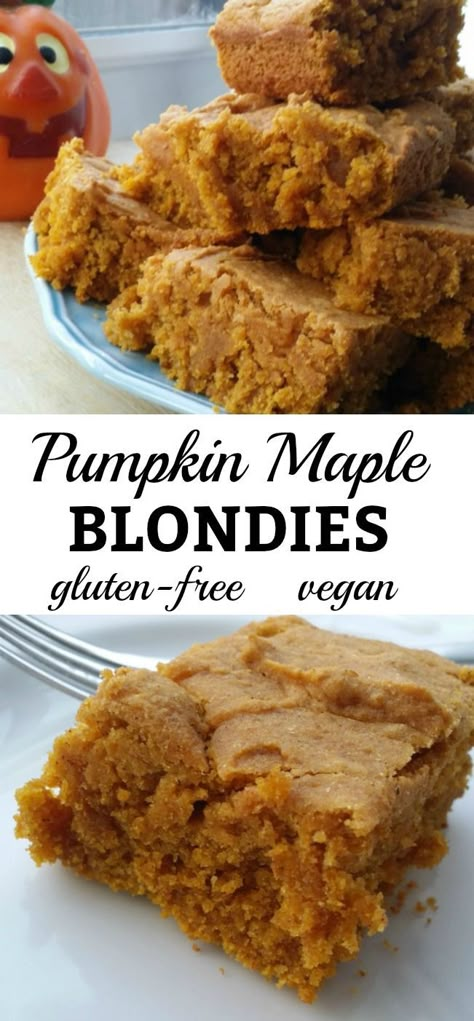 Maple Blondies, Gf Deserts, Vegan Dessert Recipe, Blondies Recipe, Vegan Holiday, Gf Desserts, Gluten Free Sweets, Healthy Fall, Gluten Free Pumpkin