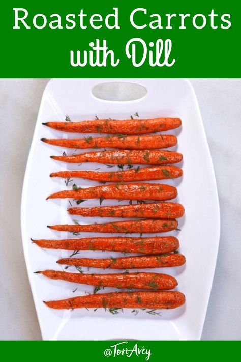 Roasted Carrots with Dill - Roasted whole carrots with olive oil, kosher salt, pepper and fresh dill. Simple side dish that is beautiful for the holiday table. Who knew something so simple could taste so amazing? | ToriAvey.com #roastedcarrots #simplerecipe #sidedish Roasted Carrots With Dill, Recipes With Dill, Carrots With Dill, Roasted Whole Carrots, Spring Side Dishes, Rosh Hashanah Recipes, Dill Recipes, Sauteed Carrots, Kosher Recipes