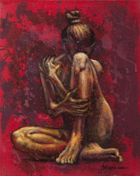 Arms wrapped around herself in a protective gesture, a naked woman sits alone. Aricadia in Bali paints this moving original portrait in oils and acrylics on canvas. Paintings About Body Image, Acryl Painting Naked Woman, Naked Body Oil Paint, Sexism Painting, Soul Leaving Body Art, Angry Painting, Female Rage Art, Body Acrylic Painting, Body Disphorphia Art