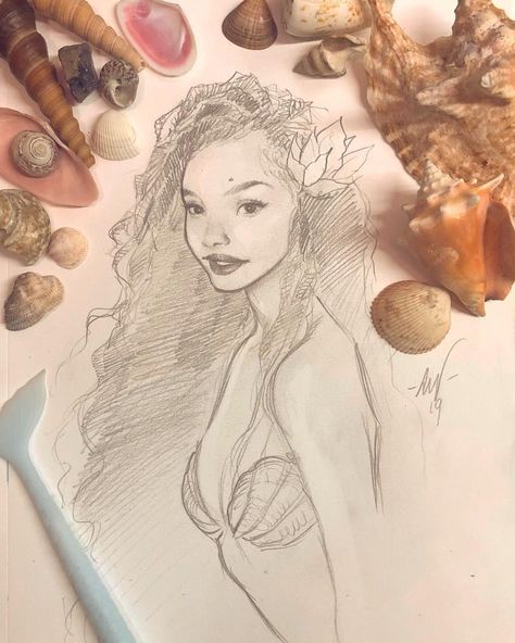 Lucas Werneck on Instagram: ““I don't know when, I don't know how, But I know something's starting right now...” I LOVED! CAN'T WAIT TO SEE THIS!! ✨🧜🏽‍♀️💙 #Ariel…” Halle Bailey Little Mermaid, Disney Designer Collection, Ariel Drawing, Mermaid Sketch, Little Mermaid Live Action, Disney Illustration, Mermaid Drawings, Animation Sketches, Black Mermaid