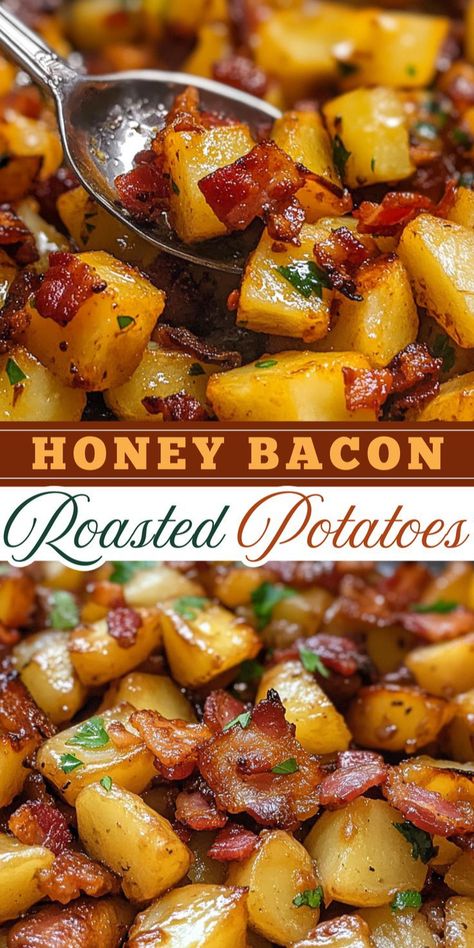 Over Potatoes Recipes, Bacon Honey Roasted Potatoes, Healthy Bacon Recipes Dinners, Easy Yummy Potato Recipes, Roasted Potato Dinner Ideas, Best Ways To Cook Potatoes, Potato And Bacon Appetizers, Honey Bacon Roasted Potatoes Recipe, Honey Bacon Potatoes