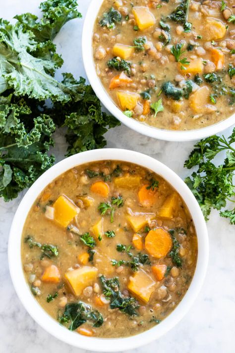 Comforting, filling and cozy, this Instant Pot Butternut Squash Lentil Soup is everything I love about soup season.Hearty winter squash and savory lentils flavored with Herbes de Provence. Perfect for chilly evening meals. #glutenfreerecipes #lentilsoup #lentils #soup #butternutsquash  #mealprep Savory Lentils, Butternut Squash Lentil Soup, Squash Lentil Soup, Butternut Squash Lentil, Red Curry Lentils, Instant Pot Butternut Squash, Lentils Soup, Curried Lentil Soup, Meal Train Recipes