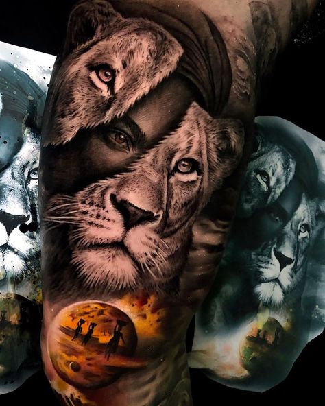 Colour Realism Arm Tattoo   #realismtattoo #colourtattoo #skingiants #tattooist #tattoolove #tattooed #tattoosleeve #tattoodesign #tattoolover #tattooworld #tattoosofinstagram #tattoolovers #tattooarm #inked #tat #tats Lion Woman, Female Lion Tattoo, Sick Tattoos, Gray Tattoo, Tier Tattoo, Lioness Tattoo, Lion Tattoo Sleeves, Mens Lion Tattoo, Idea Tattoo