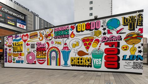 WEMBLEY MURAL - Toby Triumph Typography And Illustration, Abc Wall Art, Exterior Murals, Graphic Wall Art, Designer Outlet, Country Store, Mural Wall Art, London Design, Mural Art