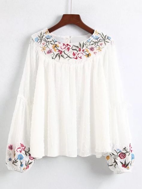 Shop Embroidered Detail Lantern Sleeve Blouse online. SheIn offers Embroidered Detail Lantern Sleeve Blouse & more to fit your fashionable needs. Embroidery Dress Pattern, Lantern Sleeved Blouses, Estilo Hippie, Fashion Tops Blouse, Kurta Designs Women, Trendy Fashion Tops, Embroidered Clothes, Designs For Dresses, Embroidery Fashion