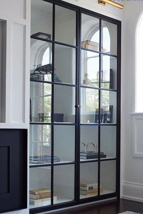 McGee Home: Entry & Great Room Process - Studio McGee Black Glass Built In Cabinet, Black Glass Display Cabinet, Black Glass Bookcase, Black Glass Cabinet Living Room, Built In Glass Display Cabinet, Glass Display Cabinet Ideas, Kitchen Display Cabinet Ideas, Ikea Display Cabinet, Built In Display Cabinet