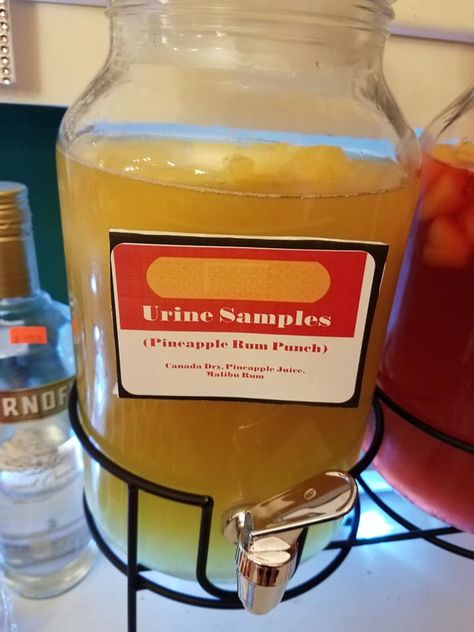 "Urine Samples"- Pineapple Rum Punch. NP Graduation Party Nursing Graduation Party Drinks, Np Graduation Party Ideas, Nursing Themed Drinks, Pharmacy Themed Cocktail, Nurse Drink Ideas, Medical Themed Drinks, Nurse Themed Drinks, Vet Med Themed Drinks, Nursing School Graduation Party Food