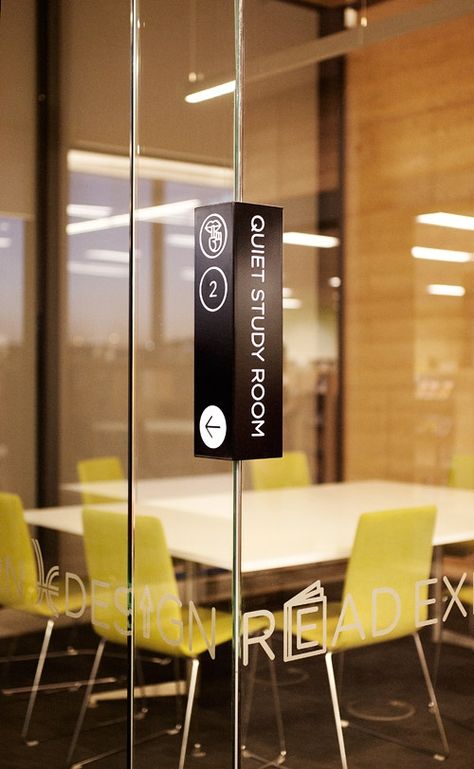 Note the "shh!" icon Library Signage, Room Signage, Office Signage, Wayfinding Signs, Sign System, Wayfinding Design, Wayfinding System, Identity System, Signage Display