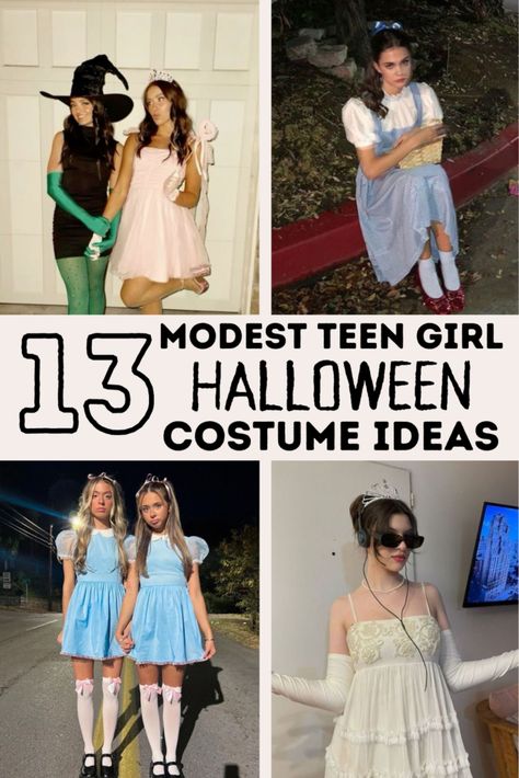 13 Modest Halloween Costumes For Teen Girls - Lauren Erro Easy Modest Halloween Costumes, Preteen Girls Halloween Costumes, Modest Halloween Costume Ideas, Modest Costume Ideas, Cute Modest Halloween Costumes, Costume Ideas Modest, Teen Girl Costume Ideas, Halloween Costumes For Teen Girl, Cute Halloween Costumes For Teen Girl