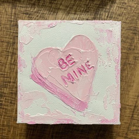 Mini Canvas Paintings Valentines Day, Small Heart Painting, Mini Heart Canvas Painting, Mini Love Paintings, Conversation Heart Painting, Cute Heart Paintings, Heart Painting Ideas On Canvas, Vday Paintings, Painting Ideas Valentines