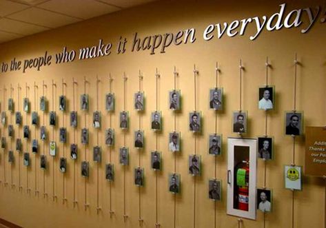 Cable/Rod Art-Picture Hanging Displays | Art & Picture Hanging Systems Achievement Wall Display Ideas, Achievement Wall, Wall Display Ideas, Donor Recognition Wall, City Collage, Office Wall Design, Donor Recognition, Donor Wall, Staff Room