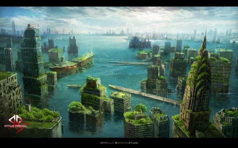 water city, Byung-ju Bong on ArtStation at https://www.artstation.com/artwork/2k1dK Apocalypse Landscape, Dystopian Art, Post Apocalyptic City, Water City, Apocalypse World, Apocalypse Aesthetic, Post Apocalyptic Art, Apocalypse Art, Photographie Portrait Inspiration