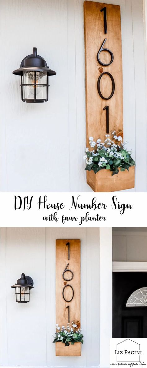 DIY house number sign modern with planter, how to improve curb appeal Diy House Number Sign, Farmhouse House Numbers, Diy Address Sign, Door Number Sign, Modern House Numbers Sign, Improve Curb Appeal, House Numbers Diy, Diy Baskets, Number Ideas