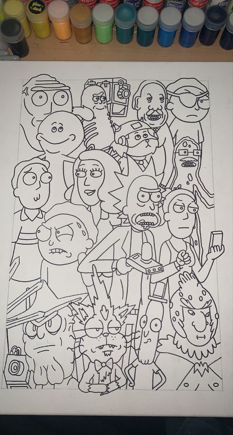 16”x20” canvas, draft/drawing of painting-to-be. Acrylic paints will be used. Hand drawn, original piece Rick And Morty Pencil Drawings, Diy Rick And Morty Crafts, Rick And Morty Art Canvas, Rick And Morty Illustration, Rick And Morty Sketch, Rick And Morty Painting, Draft Drawing, Rick And Morty Drawing, Drafting Drawing