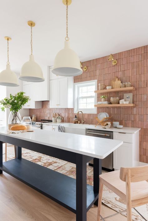 Blush Kitchen, Modern Organic Kitchen, Riad Tile, Boho Bachelorette, Textured Tile, Rental Ideas, Deco Kitchen, Wood And Gold, Custom Kitchen Island